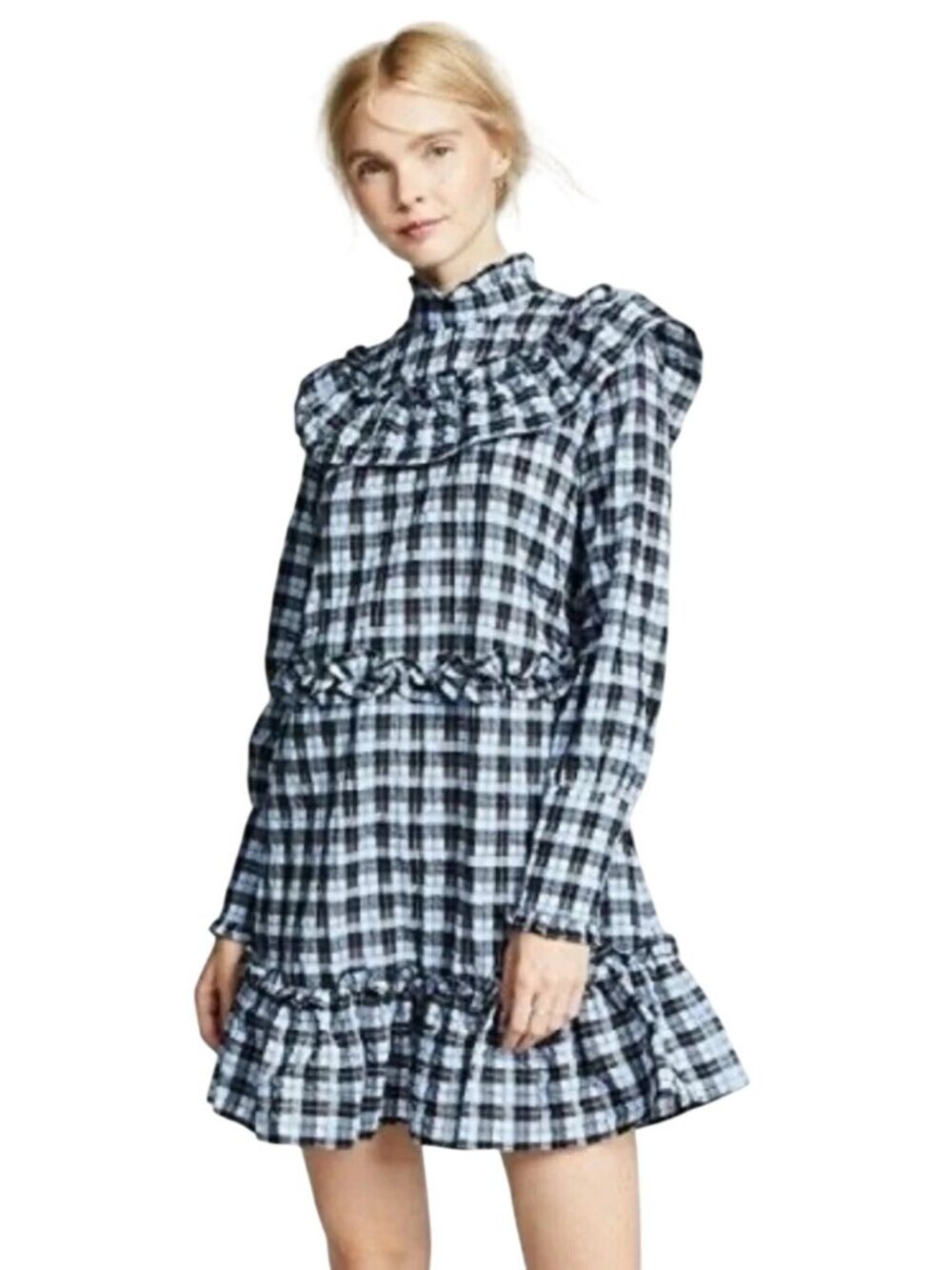 Ganni Womens 38 Medium Blue Black Gingham Long Sleeve Ruffle Mini Dress
